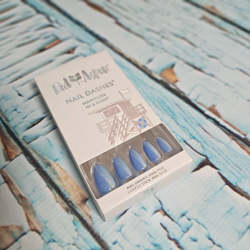 Red Aspen Outer Banks Billie Acrylic Short Squoval Nail Dashes Blue Press On NEW